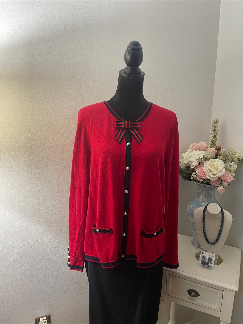 Talbots Red Cardigan with Navy Trim and Bow